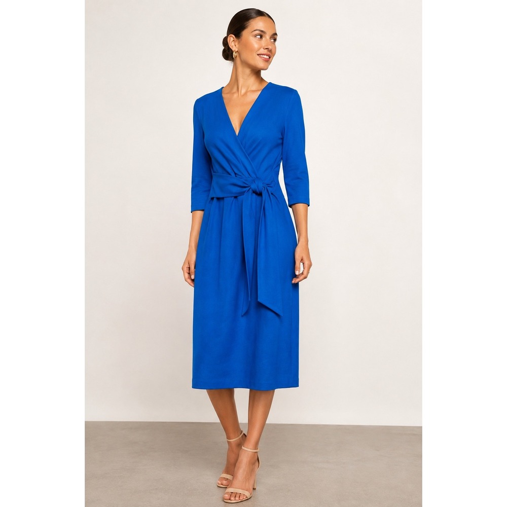 Boden Blue Wrap Front Midi Dress V-Neck 3/4 Sleeve US 16-18R NEW